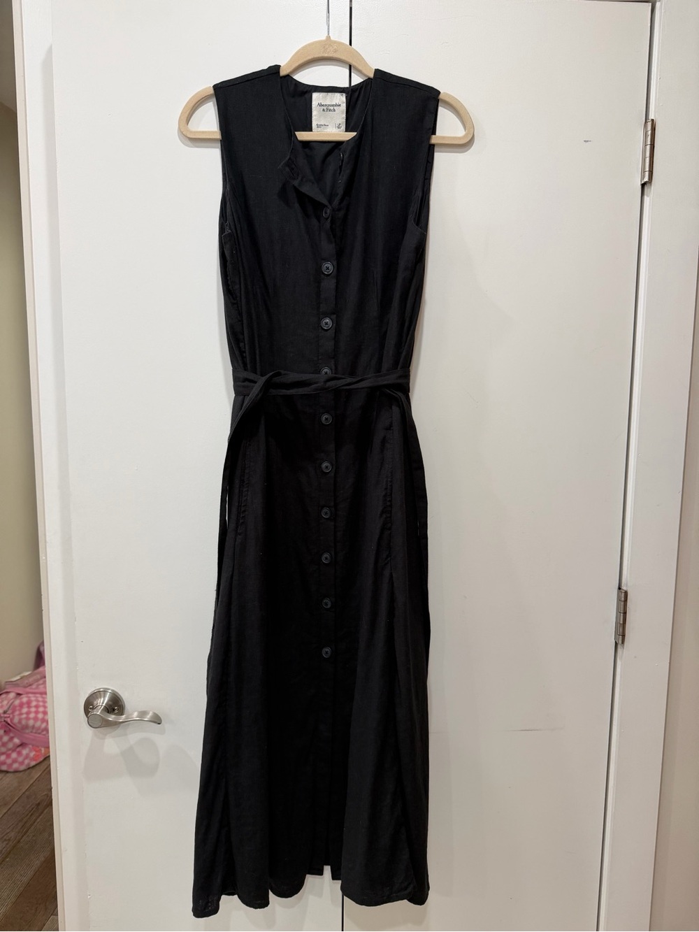 Abercrombie & Fitch Black Linen Blend Sleeveless Button Maxi Dress Pockets LP